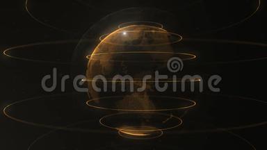 抽象粒子。 金色的，橙色的行星里面的面纱，由点组成。 背景上的小<strong>白点</strong>